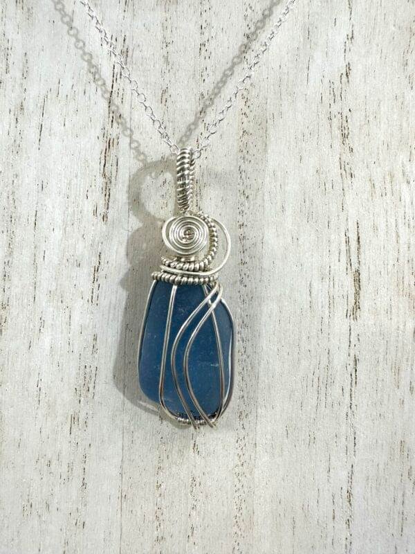 Corn Flower Blue Necklace Wrapped in Copper & Sterling Silver