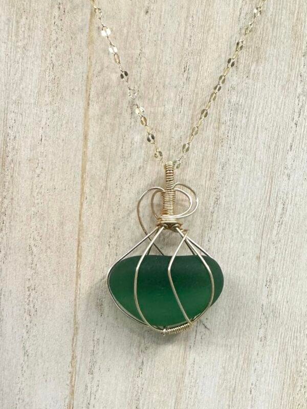 Teal Sea Glass Necklace Wrapped in Silver Sterling