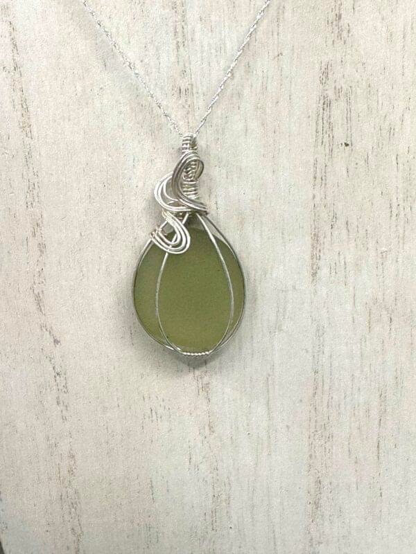 Light Green Sea Glass Wire Wrapped Pendant
