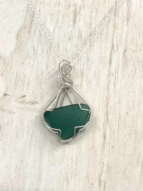 Teal Sea Glass Necklace Wrapped in Silver Sterling